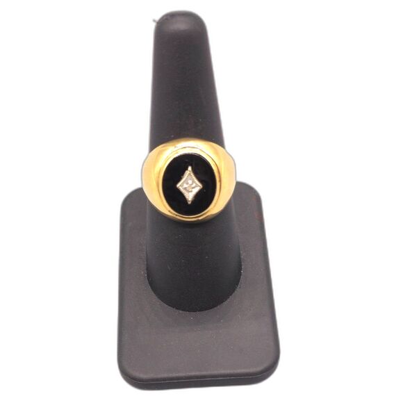 10KT YELLOW GOLD .01CTW DIAMOND & BLACK STONE RING SIZE 8 / 4.80G (153116-4) - Picture 1 of 3